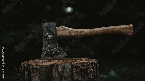 Fototapeta Rustic axe embedded in tree stump in dark forest