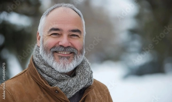 Obraz Smiling senior man with a beard, exuding warmth and wisdom in his peaceful and contented expression, Generative AI