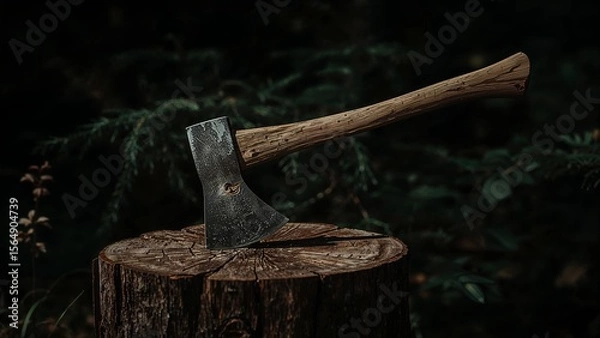 Fototapeta Old axe embedded in stump in dark forest