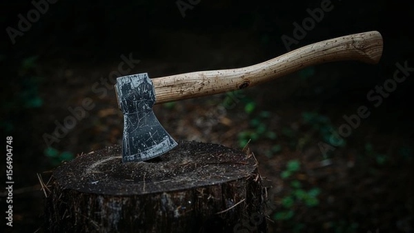 Fototapeta Old axe embedded in tree stump in forest