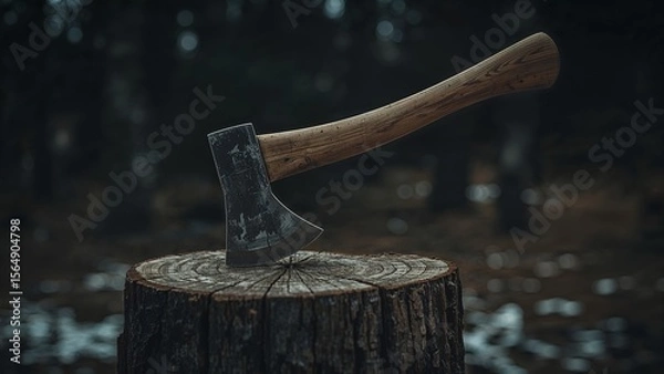 Fototapeta Old axe embedded in tree stump in winter forest
