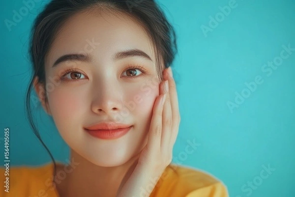 Obraz Facial expression of Asian young woman suffering from sensitive teeth, with hand touching her cheek, highlighting oral health concerns such as tooth sensitivity, Generative AI
