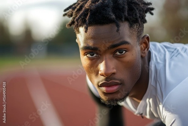 Obraz Young professional sprinter on a racetrack, preparing to launch into a high-speed race, fully focused on the competition ahead, Generative AI