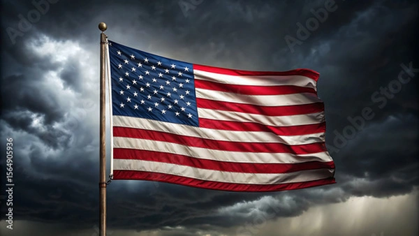 Fototapeta American Flag Waving Proudly Against a Dramatic Sky Symbolizing Patriotism and National Pride in the Face of Overwhelming Odds