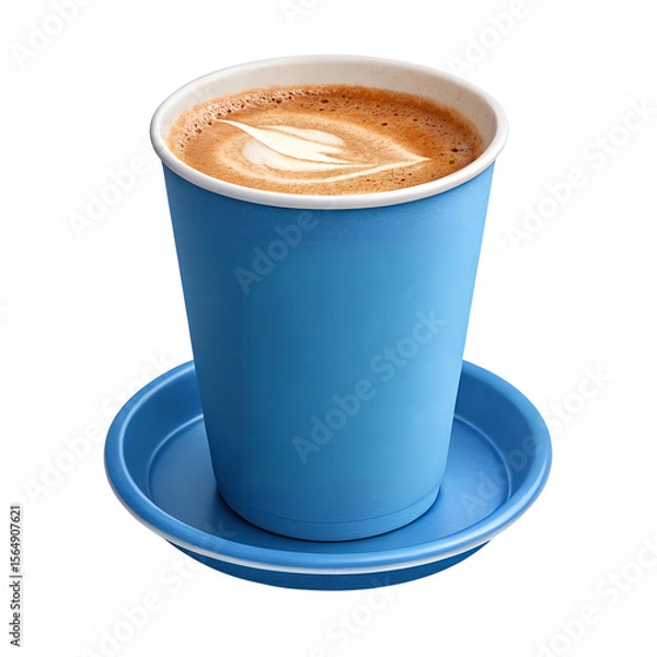 Fototapeta Blue paper cup of coffee with latte art on a matching saucer