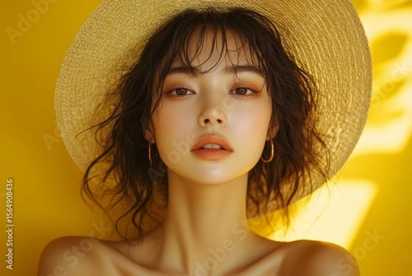 Obraz Face expression of human: Asian beautiful female feeling the summer weather, shot in a yellow background studio, Generative AI