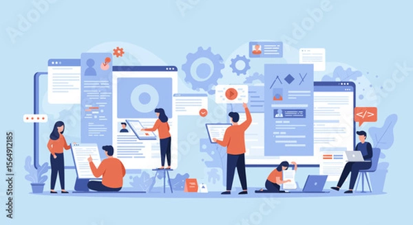 Fototapeta Website development team collaboration illustration for web design and coding