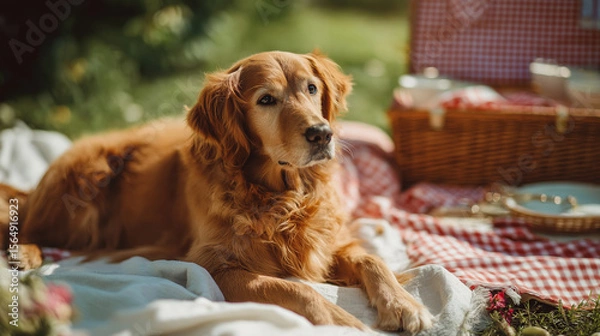 Fototapeta A golden retriever dog rests on a picnic blanket in a sunny outdoor setting. A picnic basket and food items are nearby, creating a festive atmosphere.