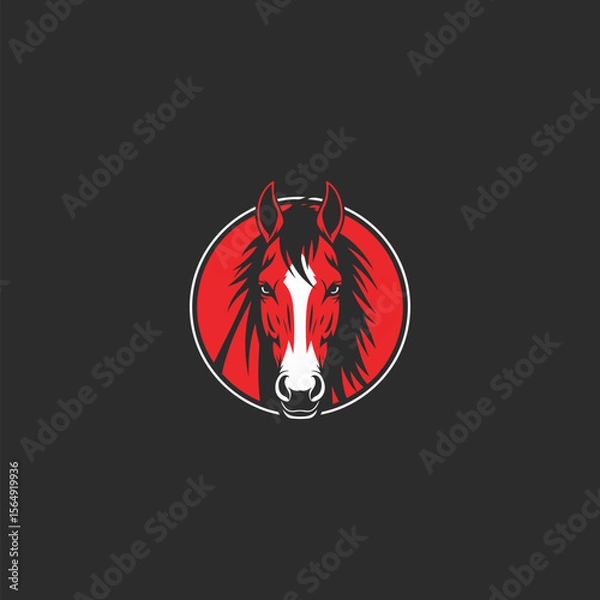 Fototapeta Minimal Stoic Horse Face Logo in Red, Black & White Circle on Dark Background – Vector Design