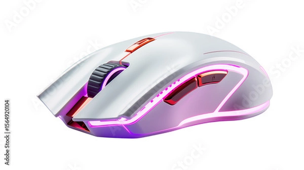 Fototapeta Sleek white gaming mouse with vibrant pink and red accents shines isolated on transparent background offering cutting-edge tech.