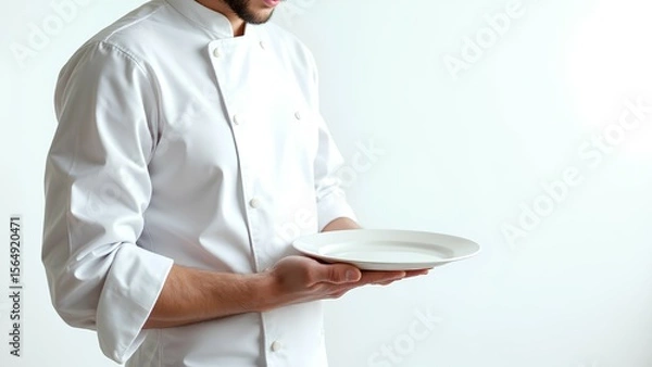 Fototapeta Unrecognizable male chef in a clean white uniform holds an empty plate, ready for serving. Professional cook presenting a dish, isolated on a white background with ample copy space for