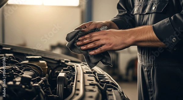 Obraz Oily Hands Wiping Rag over Car Engine in Workshop