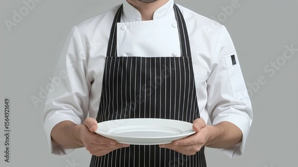 Fototapeta Unrecognizable chef in a clean white uniform and classic striped apron holds an empty white plate. Professional cook presenting a dish against a solid gray background, ready for fo