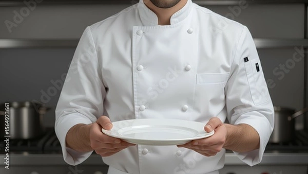 Fototapeta A professional chef in a clean white jacket holds an empty plate in a commercial kitchen. The blurred background with cooking equipment provides an authentic restaurant setting, read