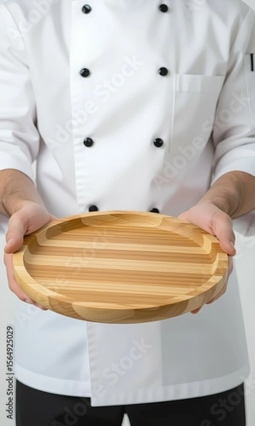 Fototapeta Unrecognizable chef in a white uniform with black buttons presents an empty round bamboo plate. He holds the natural wooden dish forward against a clean white background, perfect fo