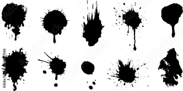 Fototapeta Chaotic black ink splatters and drops collection for creative design projects