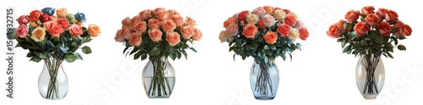 Fototapeta Glass vase with fully bloomed roses on transparent background, isolated