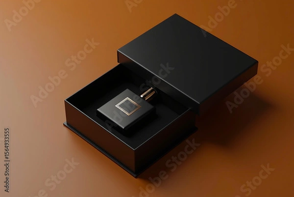Fototapeta Square Black Perfume Bottle with Gold Detail in Matte Box