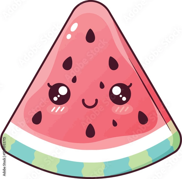 Fototapeta A cartoon watermelon slice with a smiling face and seeds on a white background