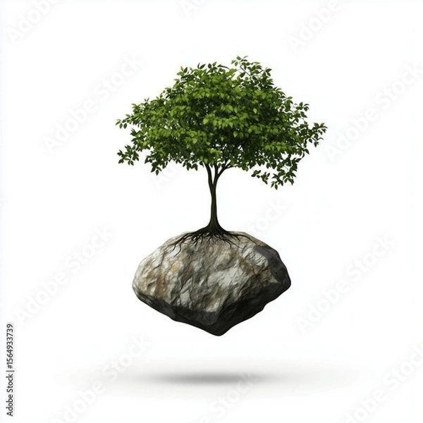 Obraz A single tree growing from a floating rock Vector illustration. isolated on white background, detailed, high resolution, professional photograph - generated AI