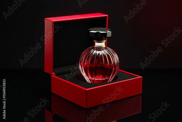 Fototapeta Red Round Perfume Bottle with Gold Detail in Ornate Red Box, Romantic Luxe Reveal on Black Surface