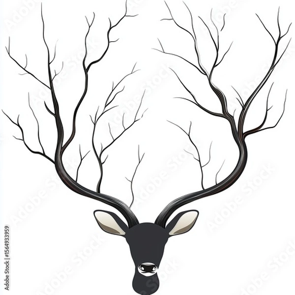 Obraz Abstract deer horns growing into tree branches Vector illustration. isolated on white background, detailed, high resolution, professional photograph - generated AI