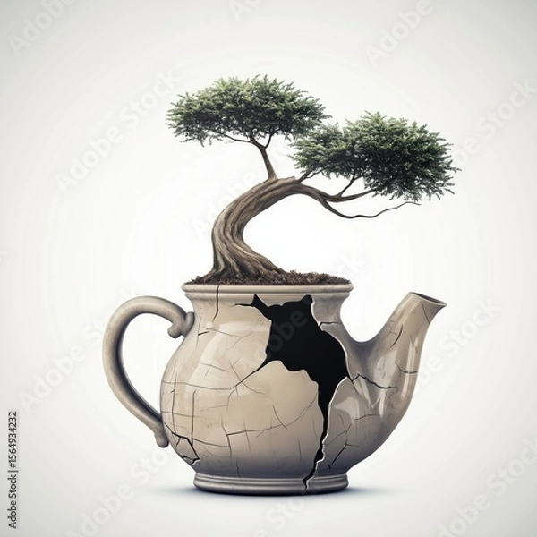 Obraz Bonsai tree growing from a cracked teapot Vector illustration. isolated on white background, detailed, high resolution, professional photograph - generated AI