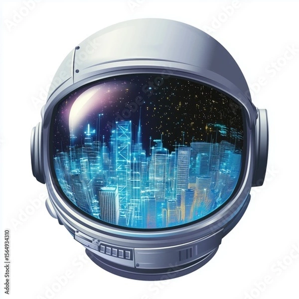 Obraz Astronaut helmet reflecting a cyber city Vector illustration. isolated on white background, detailed, high resolution, professional photograph - generated AI