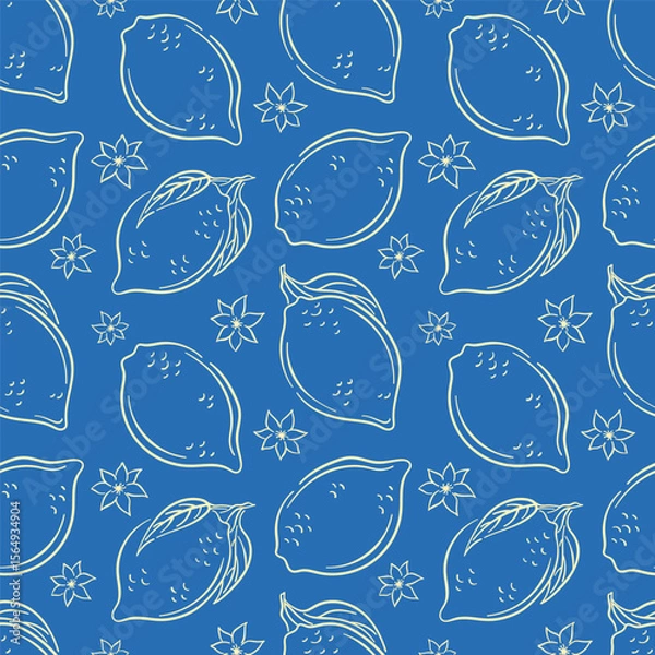 Fototapeta Seamless pattern with whole lemon in line art style on blue background. Perfect for citrus fruit package, summer design delivery, kitchen wallpaper and cafe menu.
