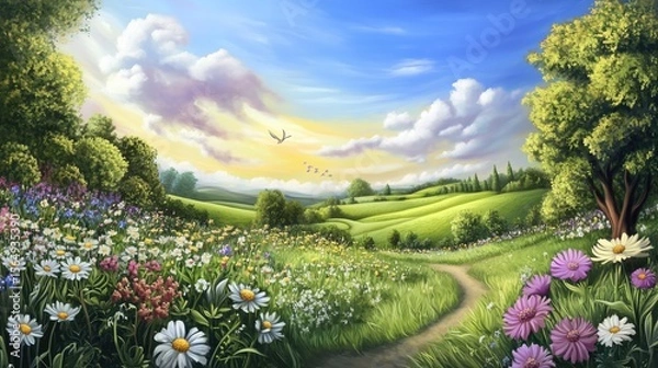 Obraz A meadow where the flowers hum with energy highly detailed with sharp focus - generated AI