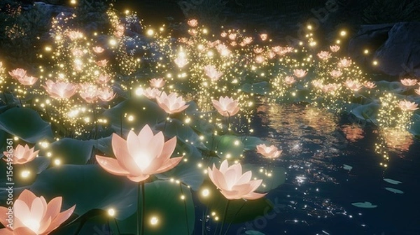 Obraz A glowing lotus pond in an eternal midnight garden highly detailed with sharp focus - generated AI