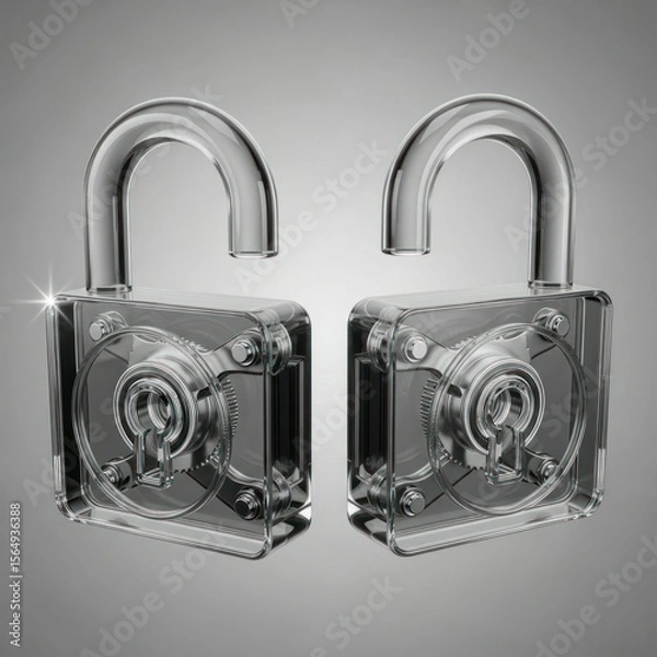 Fototapeta Shiny Chrome Padlocks In Open Position On Gradient Gray Background