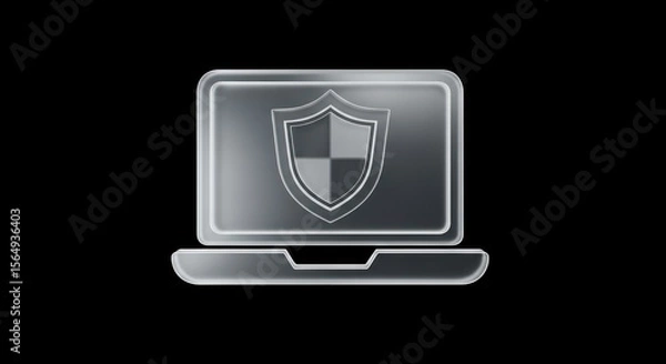 Obraz Silver Computer Icon With Shield Symbolizing Data Security and Digital Protection on Black Background