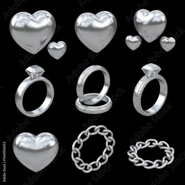 Obraz Silver Hearts and Rings Collection Against a Dark Background Studio Shot