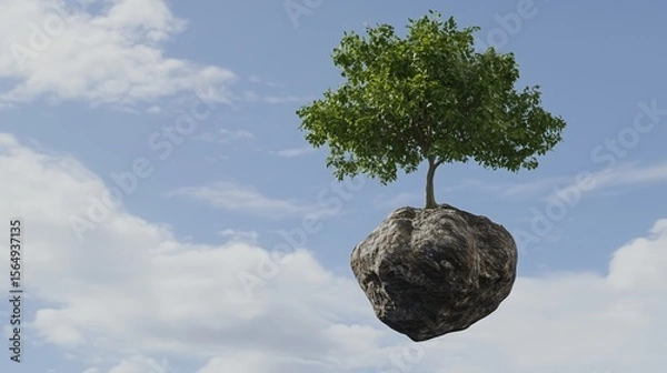 Obraz A simple tree growing from a floating rock highly detailed with sharp focus - generated AI
