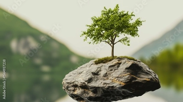 Obraz A simple tree growing from a floating rock highly detailed with sharp focus - generated AI