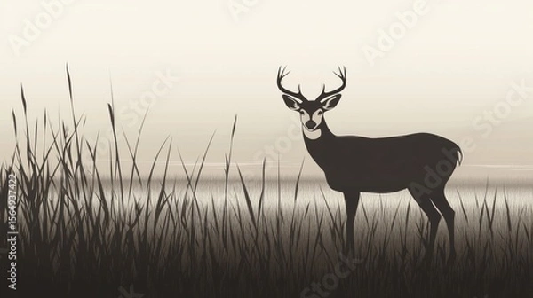 Obraz A line-art deer standing in a misty field highly detailed with sharp focus generated AI