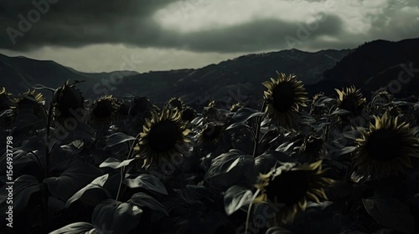Obraz A field of dead sunflowers under a stormy sky highly detailed with sharp focus - generated AI