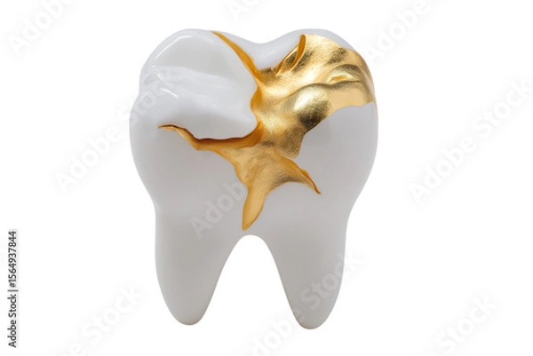 Fototapeta Tooth filling with golden vein for good health  isolated on white background