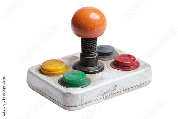 Fototapeta Vintage gaming joystick with colorful buttons and retro design  isolated on white background