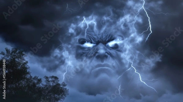 Obraz A thunderstorm forming the face of a ghostly figure highly detailed with sharp focus - generated AI