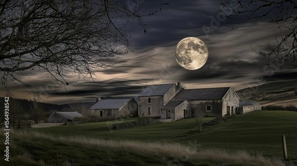 Obraz A full moon casting eerie light on a haunted village highly detailed with sharp focus - generated AI