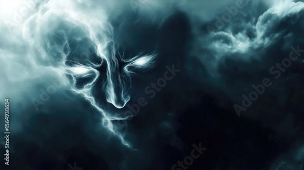 Obraz A thunderstorm forming the face of a ghostly figure highly detailed with sharp focus - generated AI