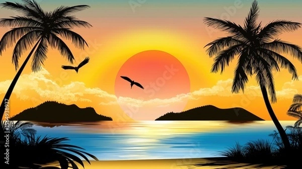 Obraz 80s gradient sun setting behind tropical islands highly detailed with sharp focus - generated AI