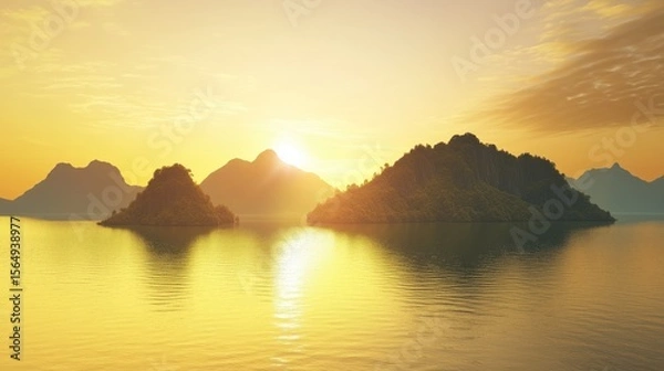 Obraz 80s gradient sun setting behind tropical islands highly detailed with sharp focus - generated AI