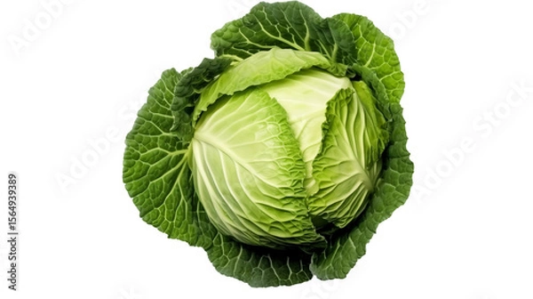Fototapeta Fresh green cabbage with vibrant leaves presented against a transparent backdrop.