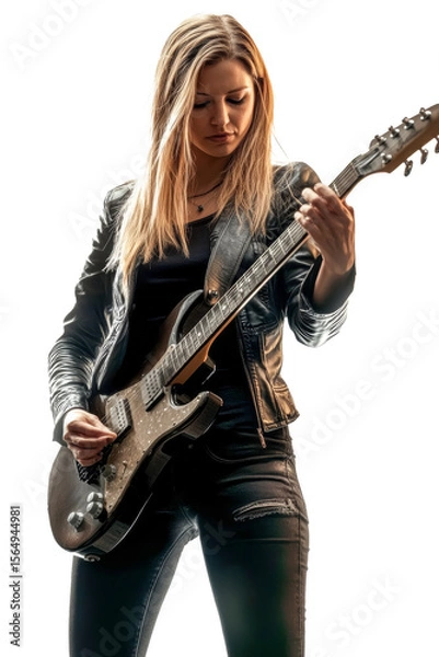 Fototapeta Schöne junge Frau spielt auf einer E-Gitarre, freigestellt vor transparentem Hintergrund, Generative AI