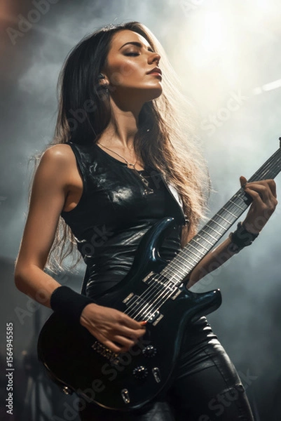 Fototapeta Schöne junge Frau spielt mit einer E-Gitarre auf einem Rockkonzert, Generative AI