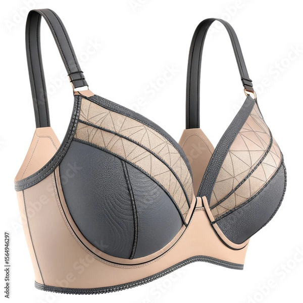 Fototapeta Stylish and elegant 3d rendered underwire bra in nude and dark gray colors with geometric pattern design