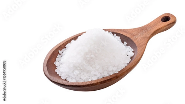 Fototapeta Coarse white sea salt crystals are piled in a rustic wooden spoon isolated on transparent background